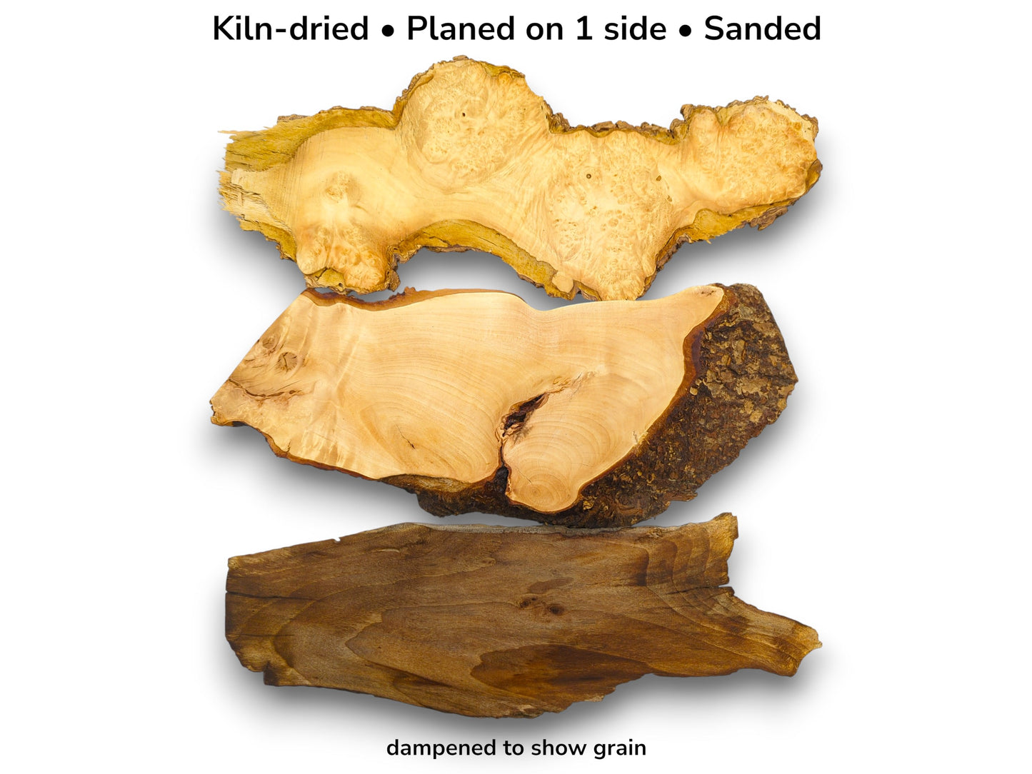 Image with text explaining the preparation process for three differently colored, live edge wood slabs.