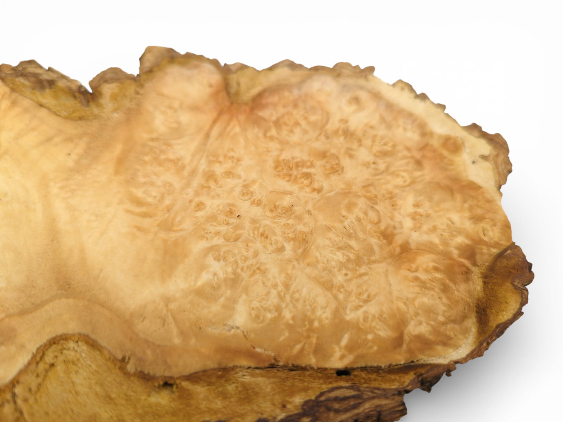 A detailed shot of a light-toned wood slab featuring clusters of eye-like knots on its surface.
