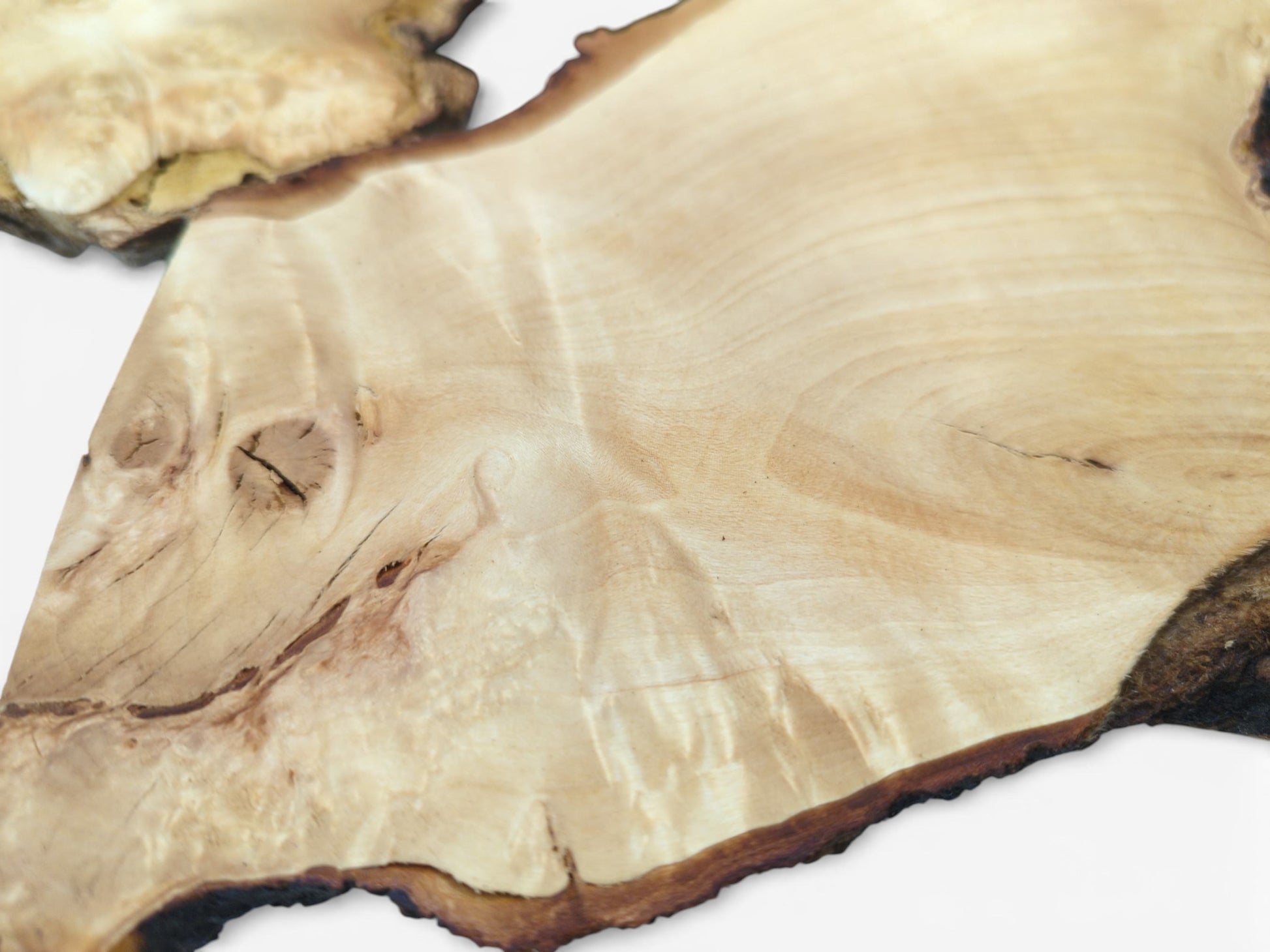 An angled perspective on a pale wood slab, showcasing its lustrous grain and a prominent knot.