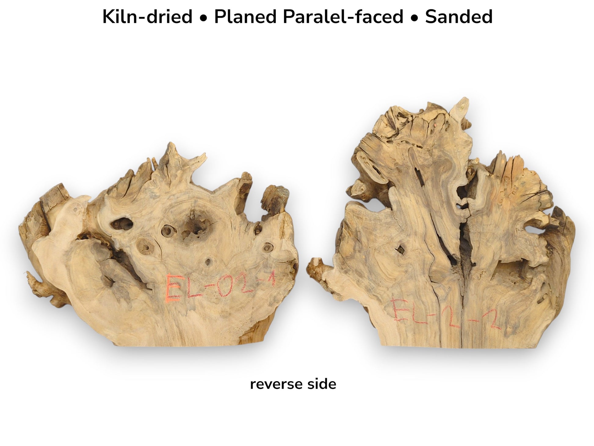 Reverse view of two planed, sanded elderberry root wood slabs with irregular live edge shapes.