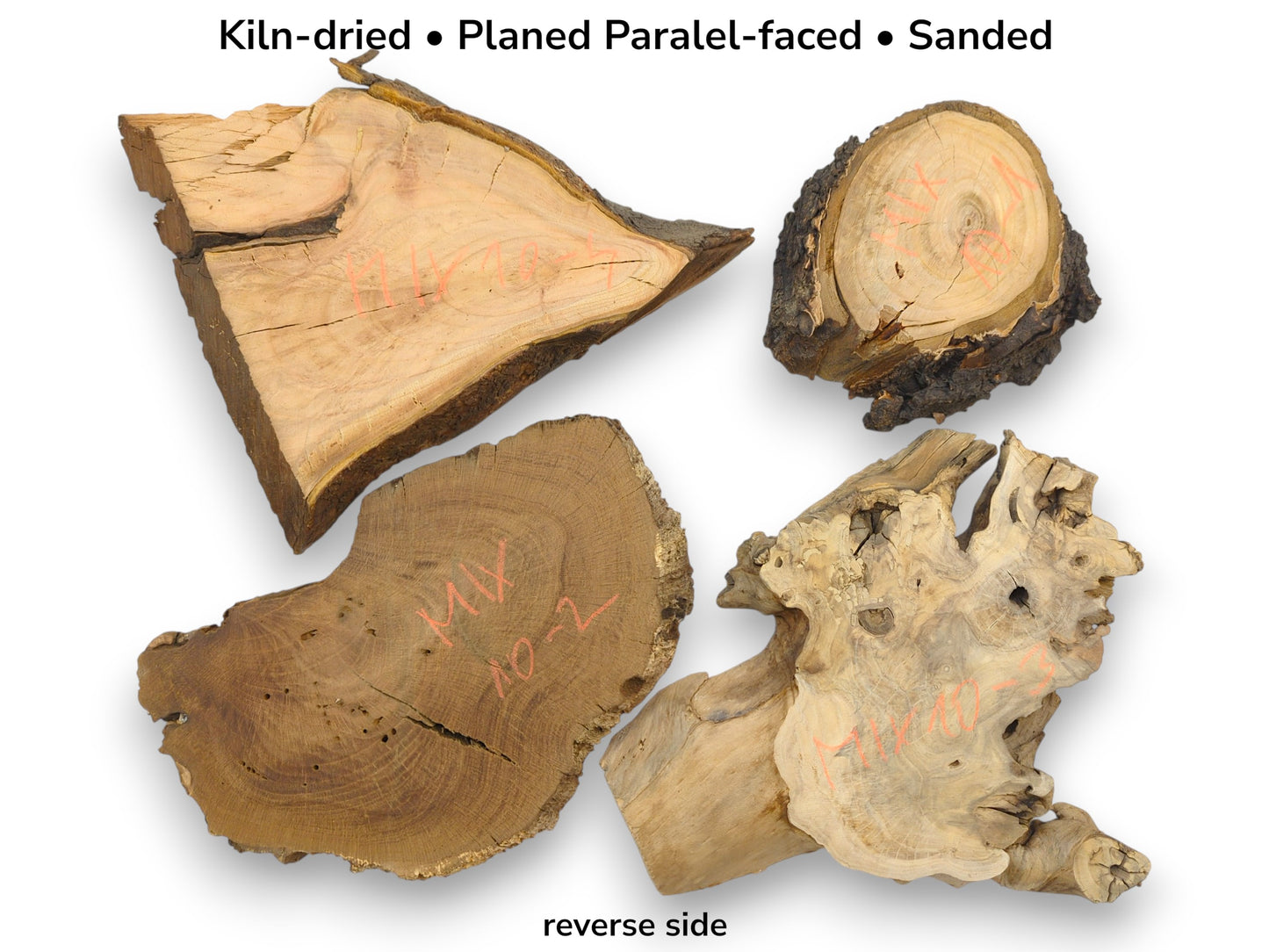 Four assorted wood slabs showing their reverse sides, with text detailing the kiln-dried, planed preparation.