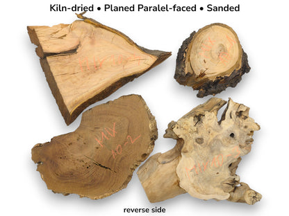 Four assorted wood slabs showing their reverse sides, with text detailing the kiln-dried, planed preparation.