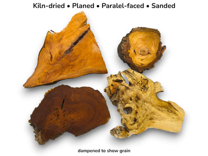 Image showing four different wood slabs, dampened to highlight their unique grains, with preparation text.