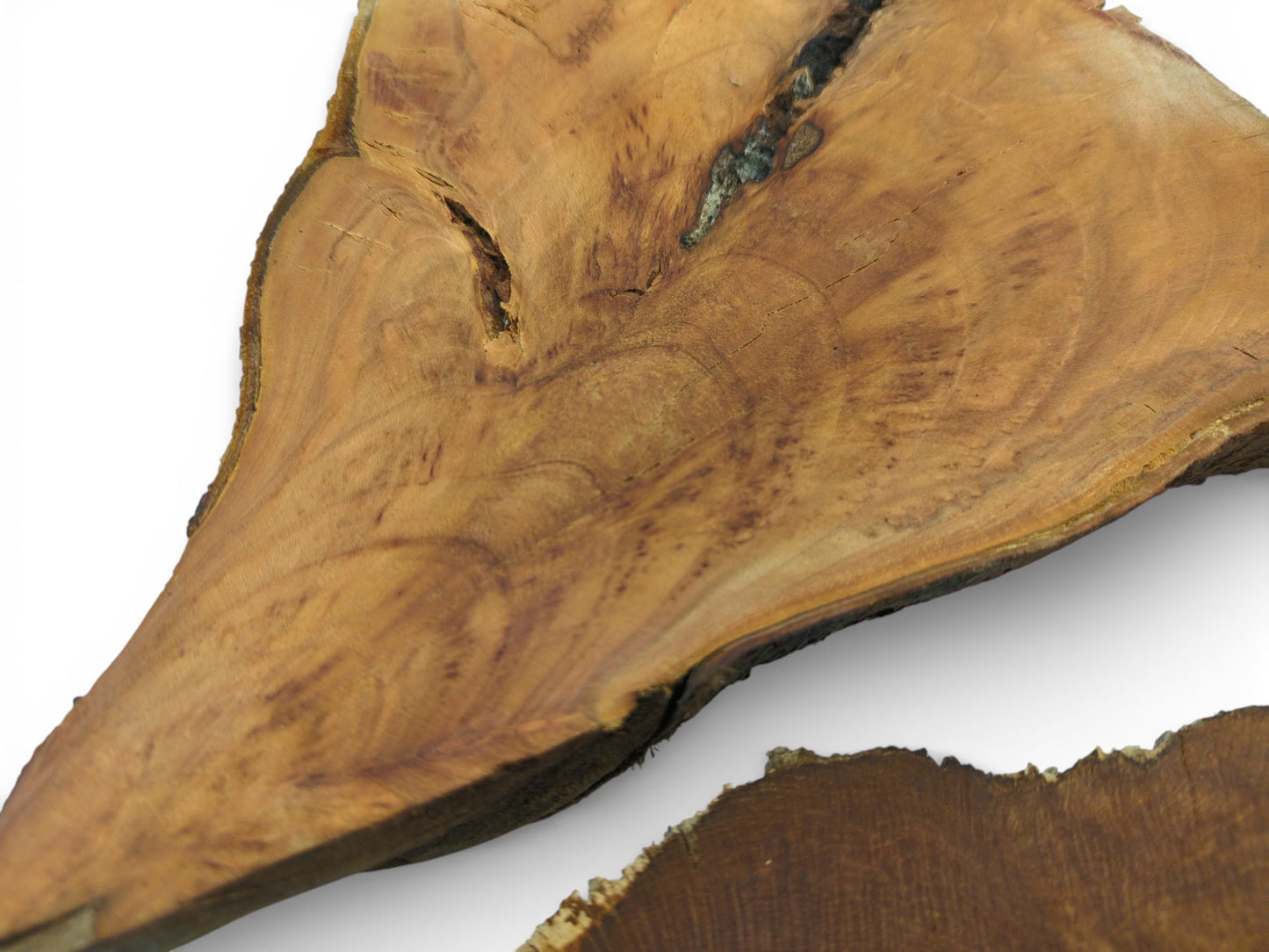 A light brown, irregular wood slab with curving grain patterns sits above a darker, rough-edged piece.
