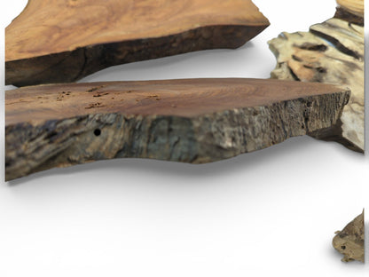 A low-angle shot displays the coarse texture of a dark brown wood slab's substantial edge.