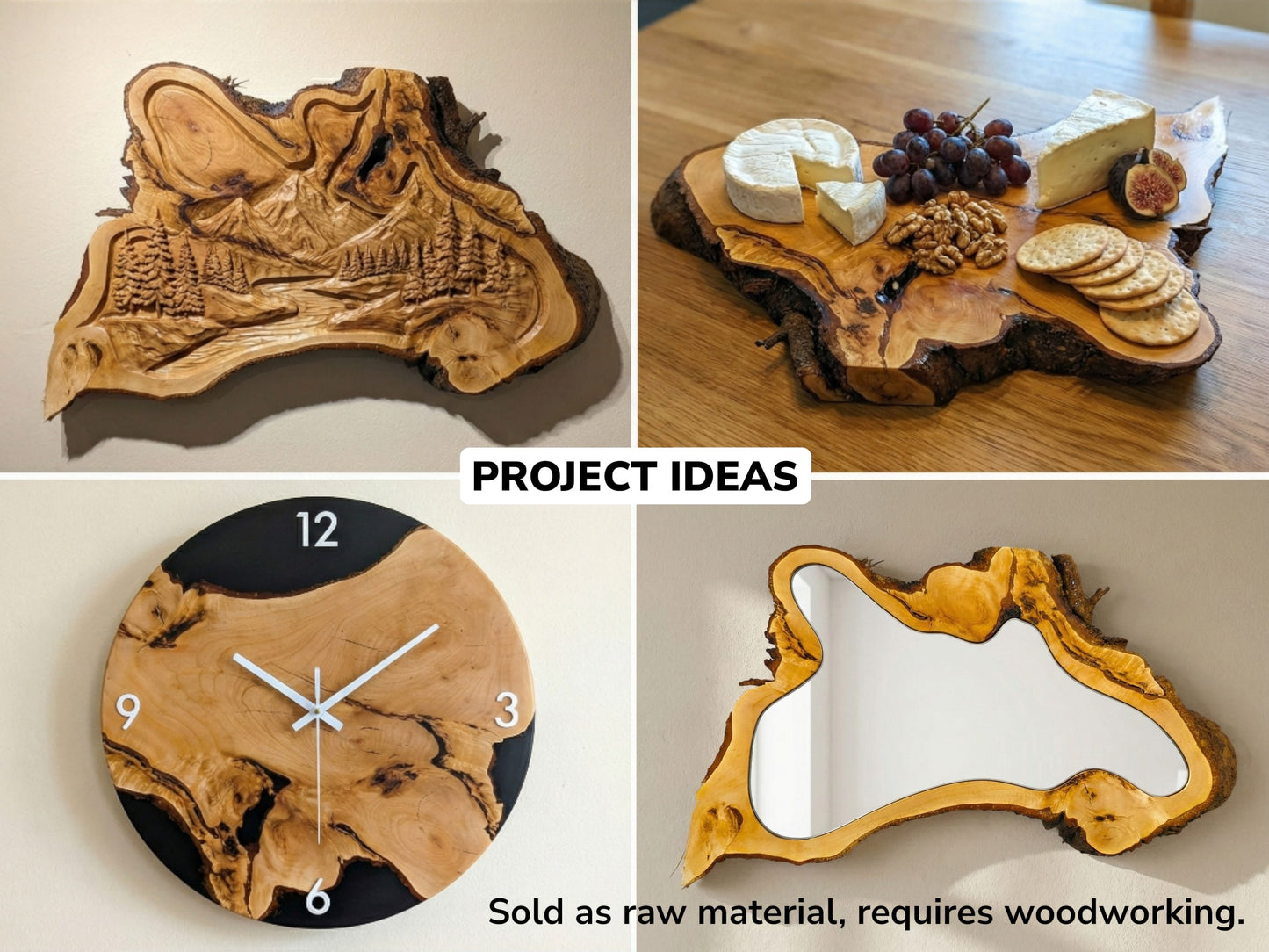Collage illustrating project ideas for linden wood slices, including carvings, a serving board, clock, and mirror.