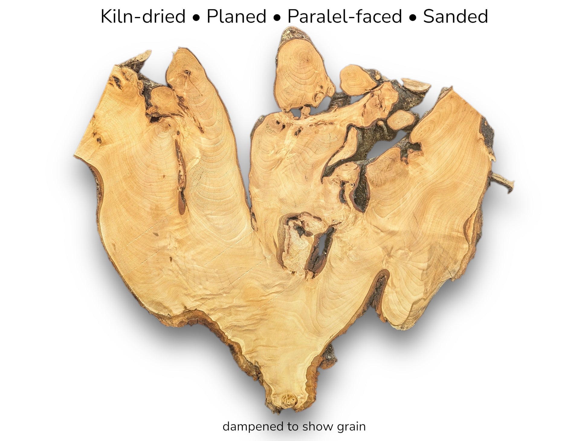 V-shaped linden wood slice featuring visible grain patterns and bark edges under descriptive text overlay.