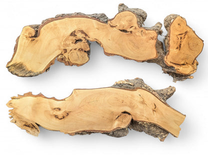 Two organically shaped linden/lime root slices feature pale, sanded wood faces and natural, rough bark.