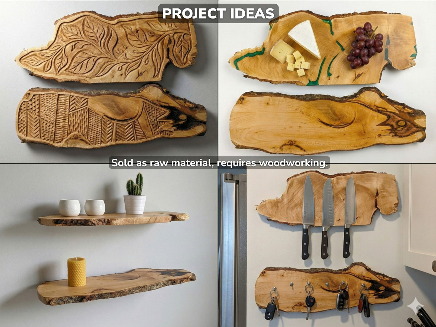 A four-panel collage showing live-edge slabs as carved art, shelves, and kitchen racks.