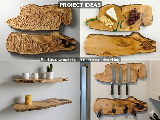 A four-panel collage showing live-edge slabs as carved art, shelves, and kitchen racks.