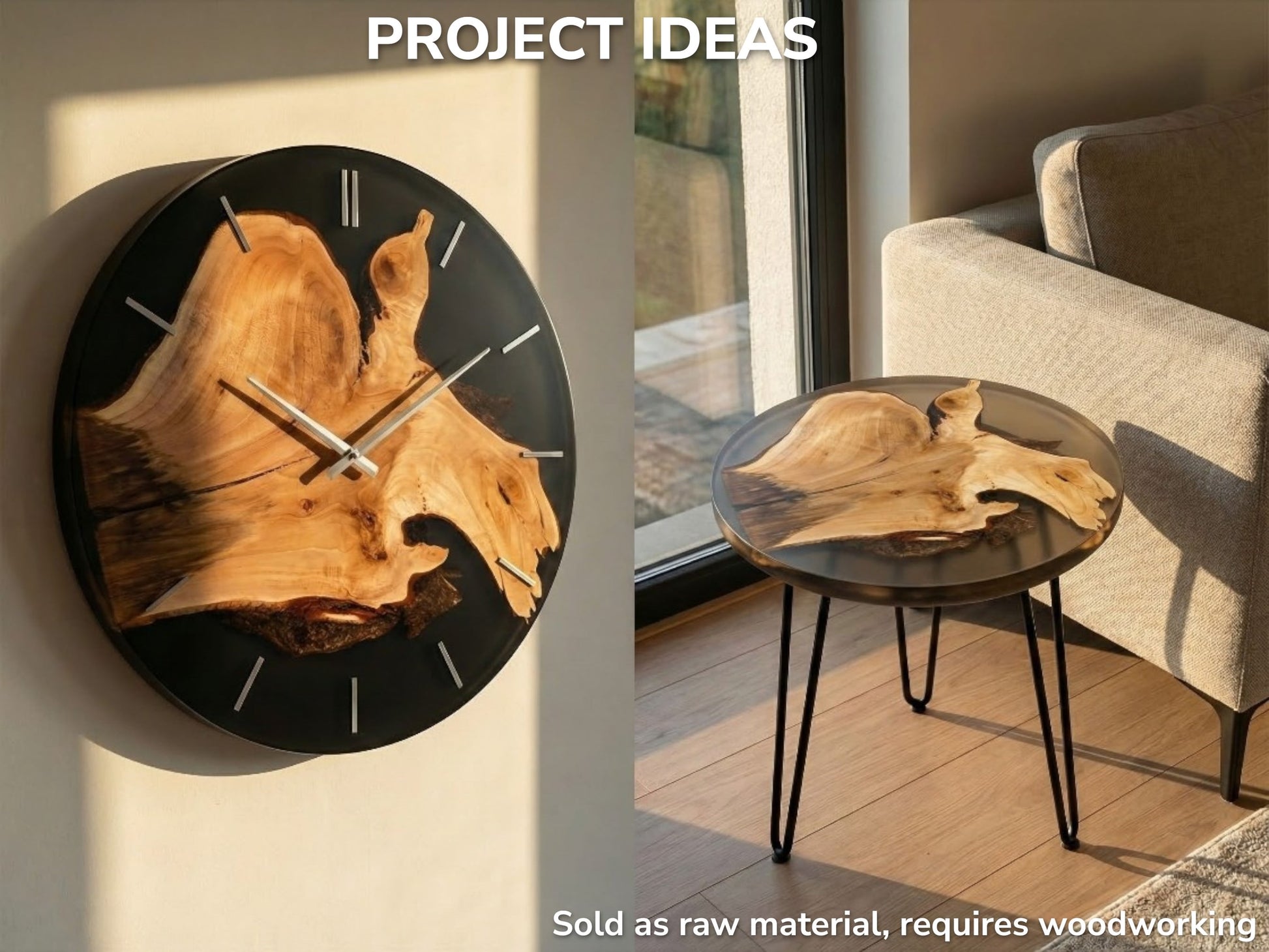 A live-edge linden section encased in resin creates a clock and a hairpin leg table.