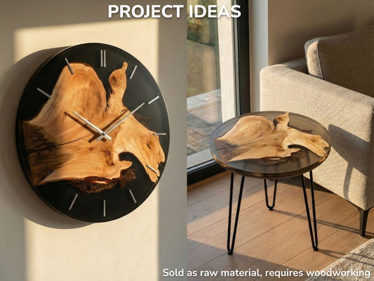 A live-edge linden section encased in resin creates a clock and a hairpin leg table.