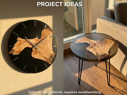 A natural wood burl contrasts with black resin in a finished clock and side table.