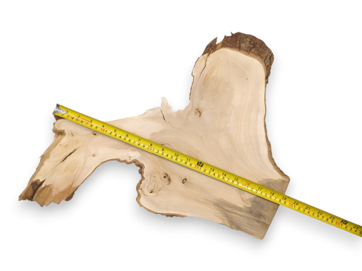 A yellow tape measure stretches diagonally across an asymmetrical, pale wood slab against white.