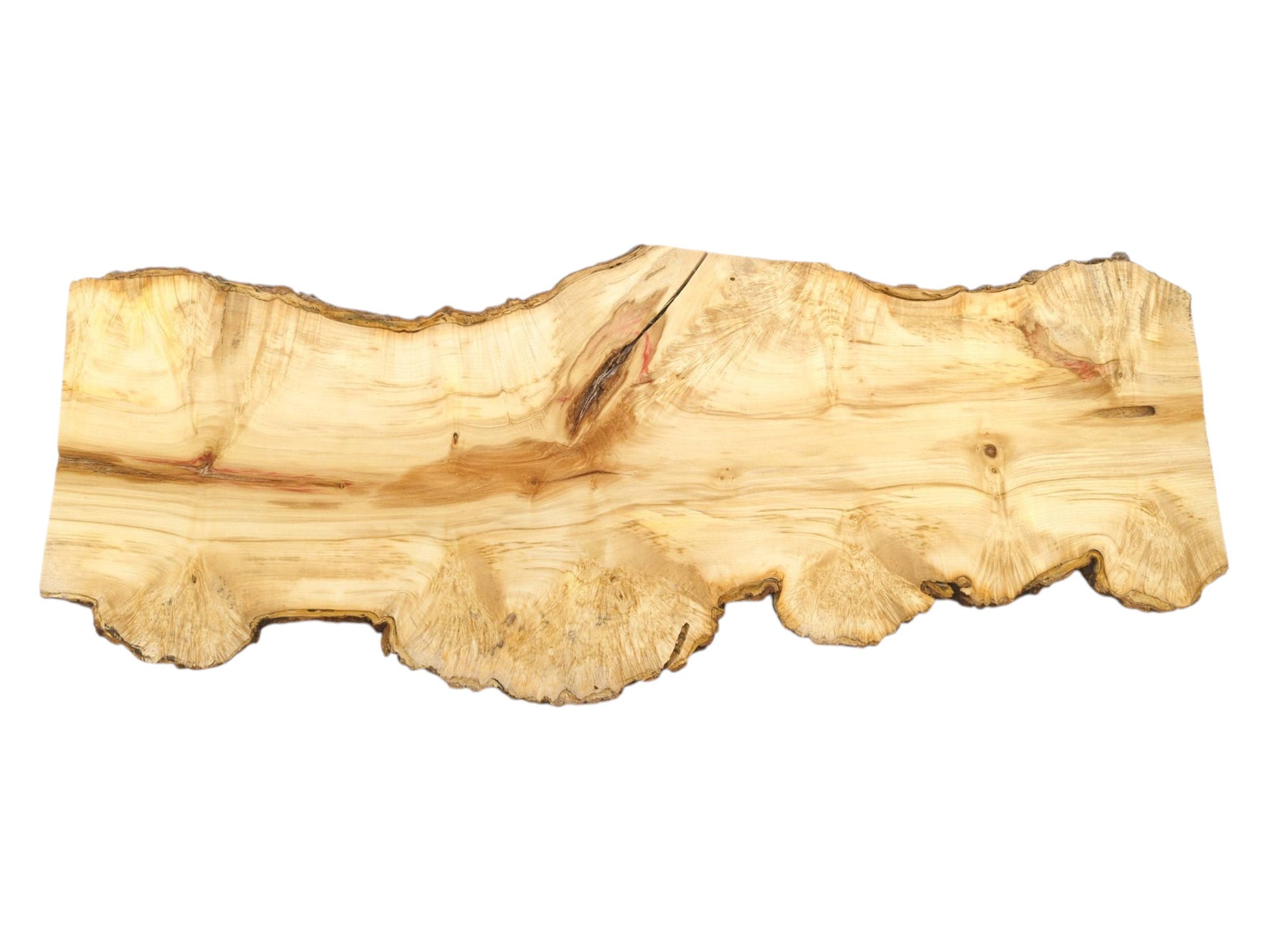 A long, pale lumber piece shows a central knot and a scalloped, burled lower edge.