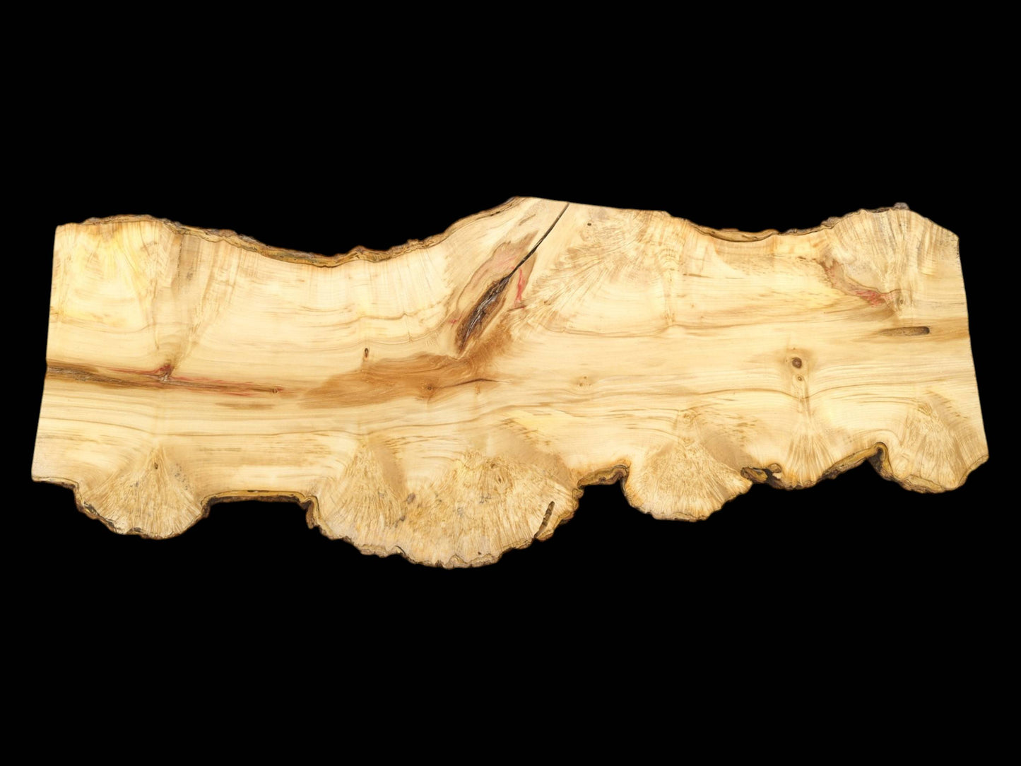 A long woodcut shows reddish mineral stains and a highly scalloped, burl-like bottom edge.