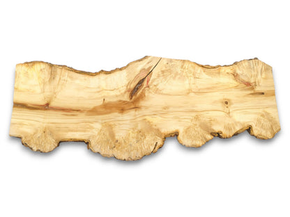 A pale, elongated wood cutting reveals a dark fissure and a heavily textured, burled bottom.