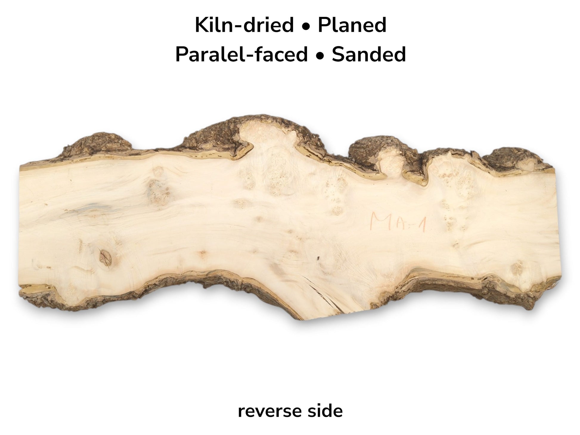 A pale, sanded timber slab features a knobby, bark-lined perimeter and subtle, wavy grain.
