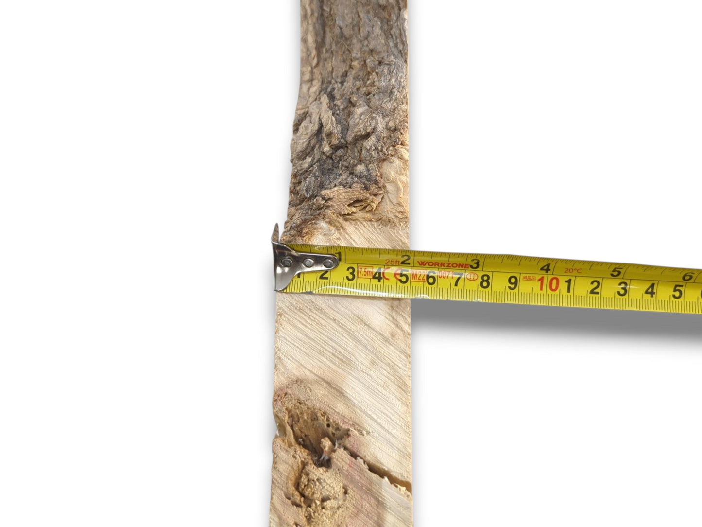 A yellow tape measure stretches across a narrow timber plank, contrasting sawn grain with bark.