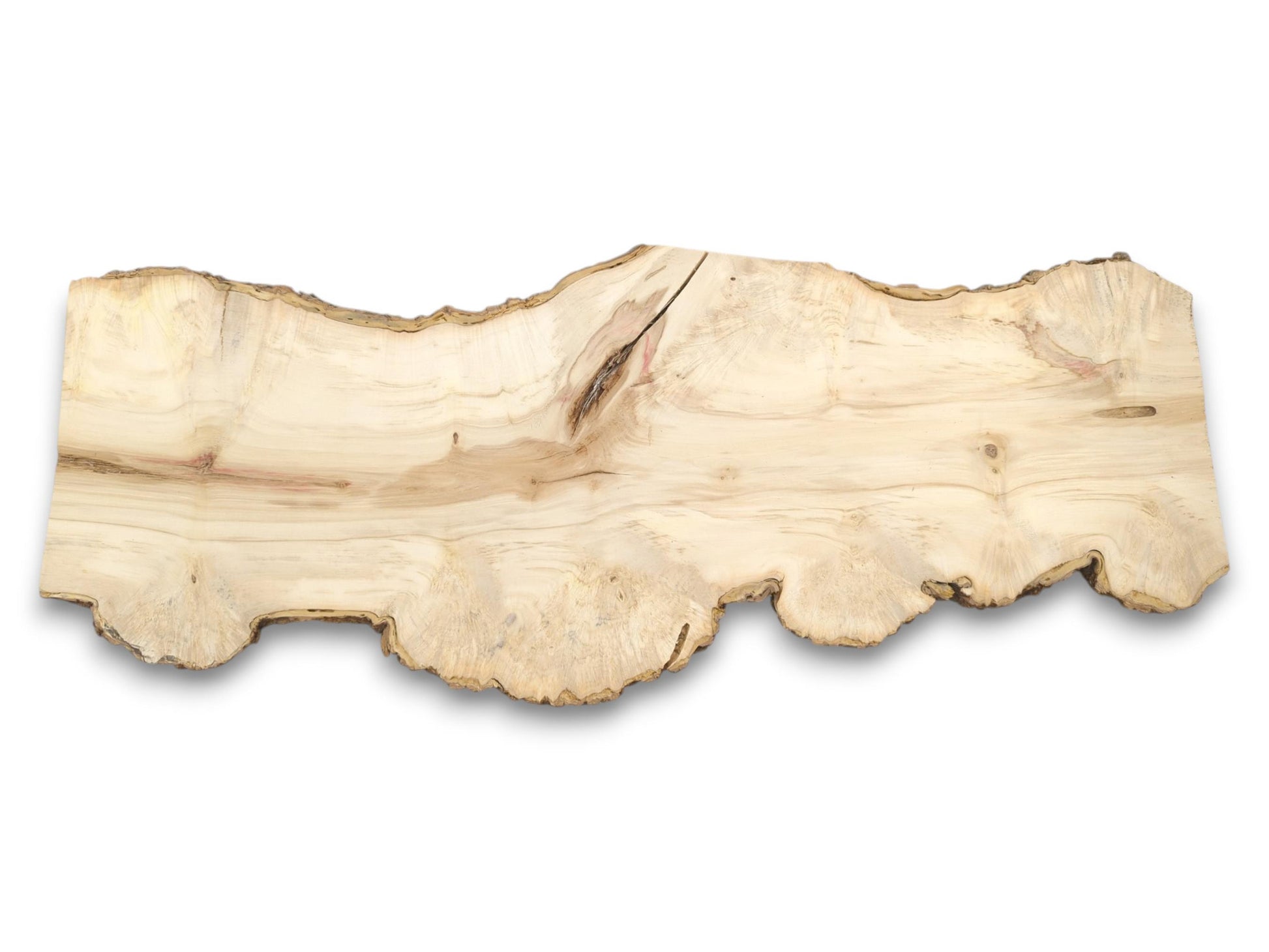 A pale, lengthy wood section reveals a dark central knot and a bumpy, burled edge.