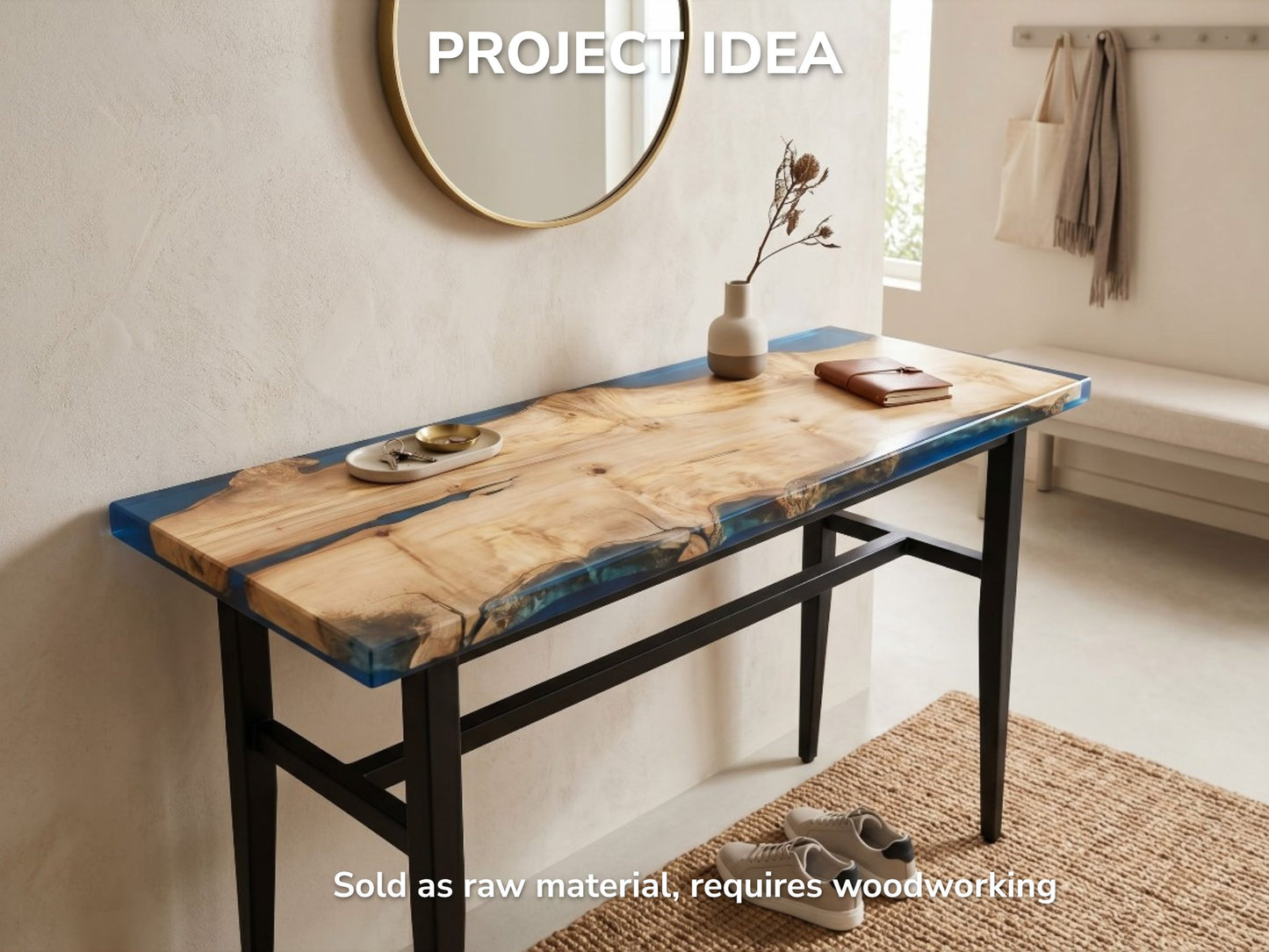 Two natural-edge wood planks are joined by a blue epoxy river to form a table.