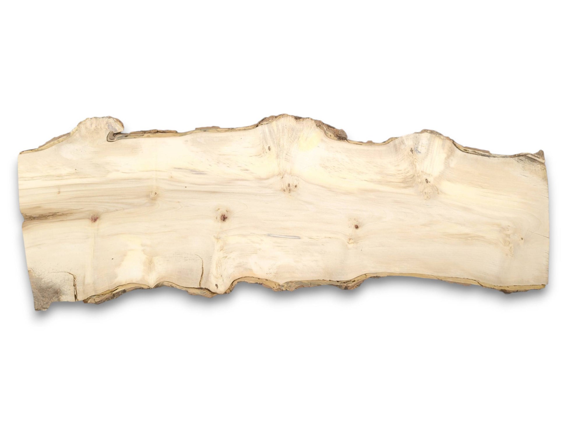 A pale, raw-edged wood plank displays a central reddish knot and subtle, wavy grain.