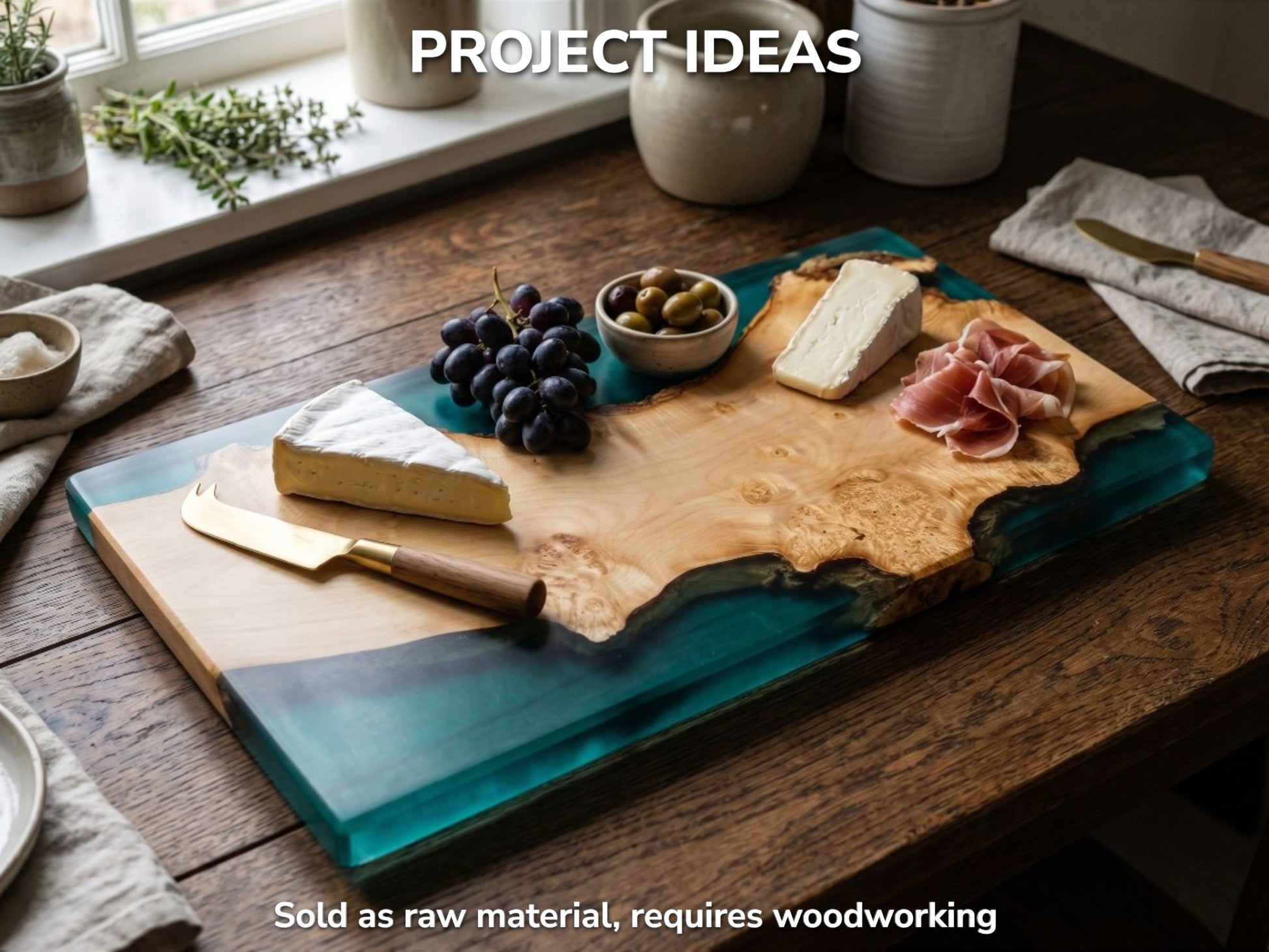 A polished maple burl slab with a wavy live edge is cast in translucent teal resin.