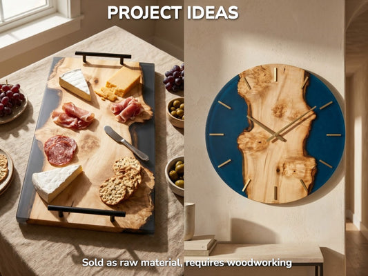 Burl wood and resin are crafted into a charcuterie board and a round wall clock.