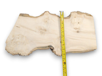 A pale wood slab with wavy grain and a natural edge, measured for width.