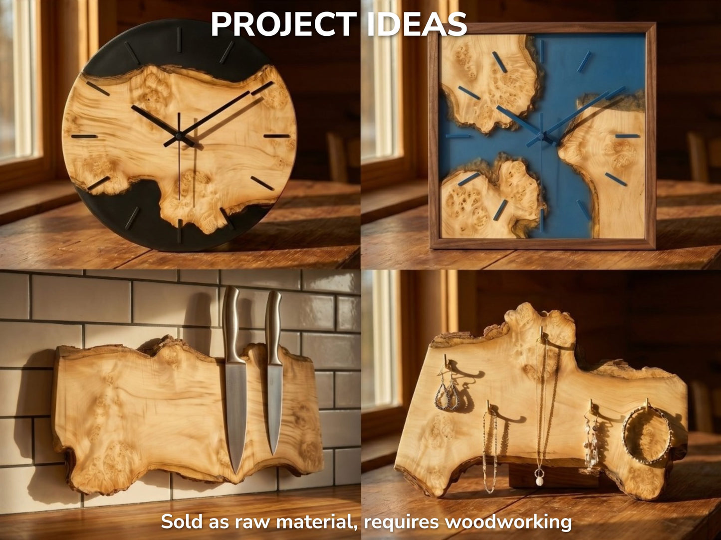 A four-panel collage displays finished maple burl projects: resin clocks, a knife rack, jewelry holder.