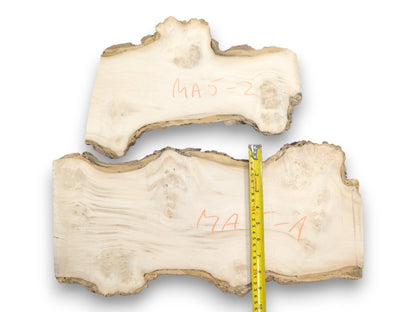 Two pale, live-edge burl sections with red crayon markings are displayed with a tape measure.