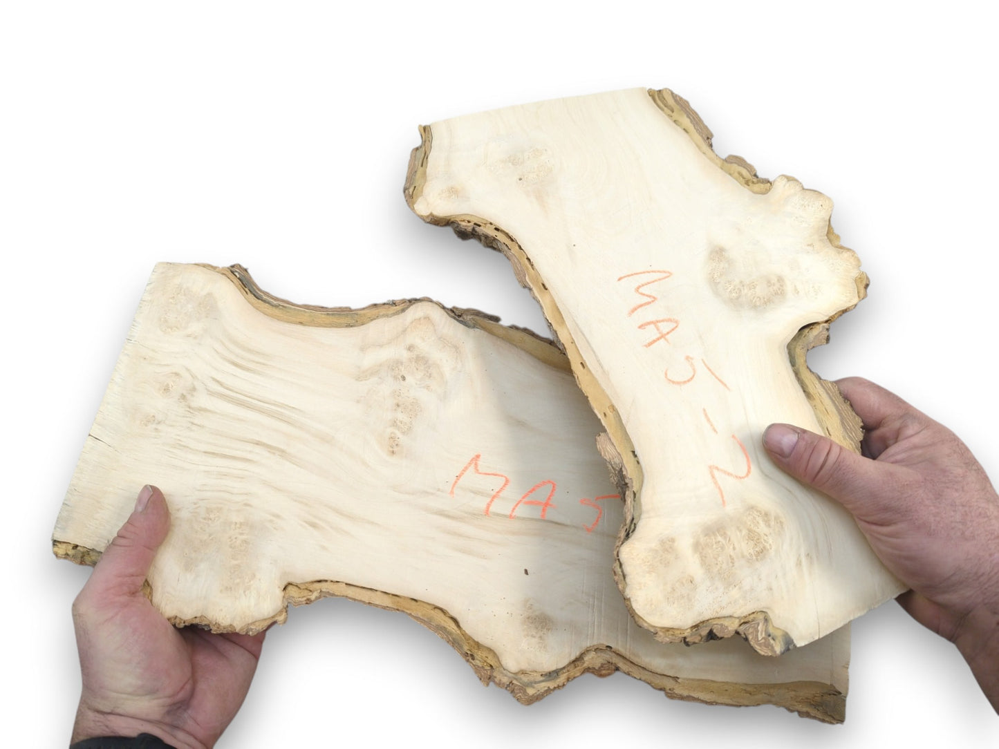 Hands hold two pale, sanded maple burl slabs with orange writing and natural bark edges.