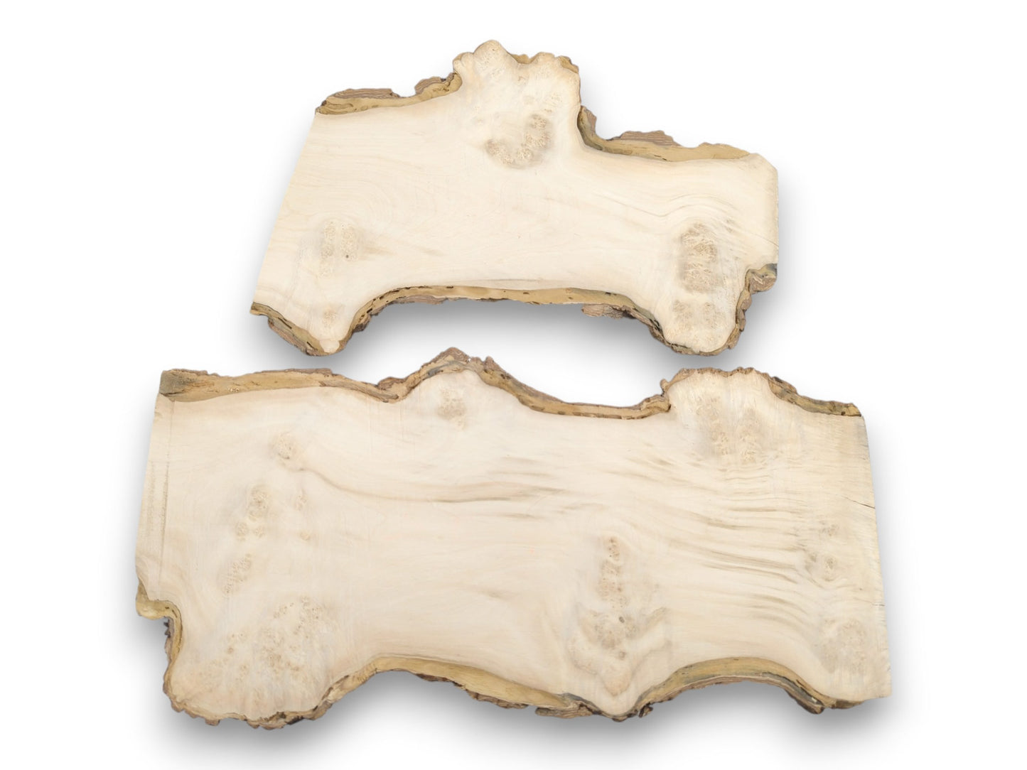 Two light-toned, planed timber sections feature swirling burl grain and irregular, bark-covered perimeters.