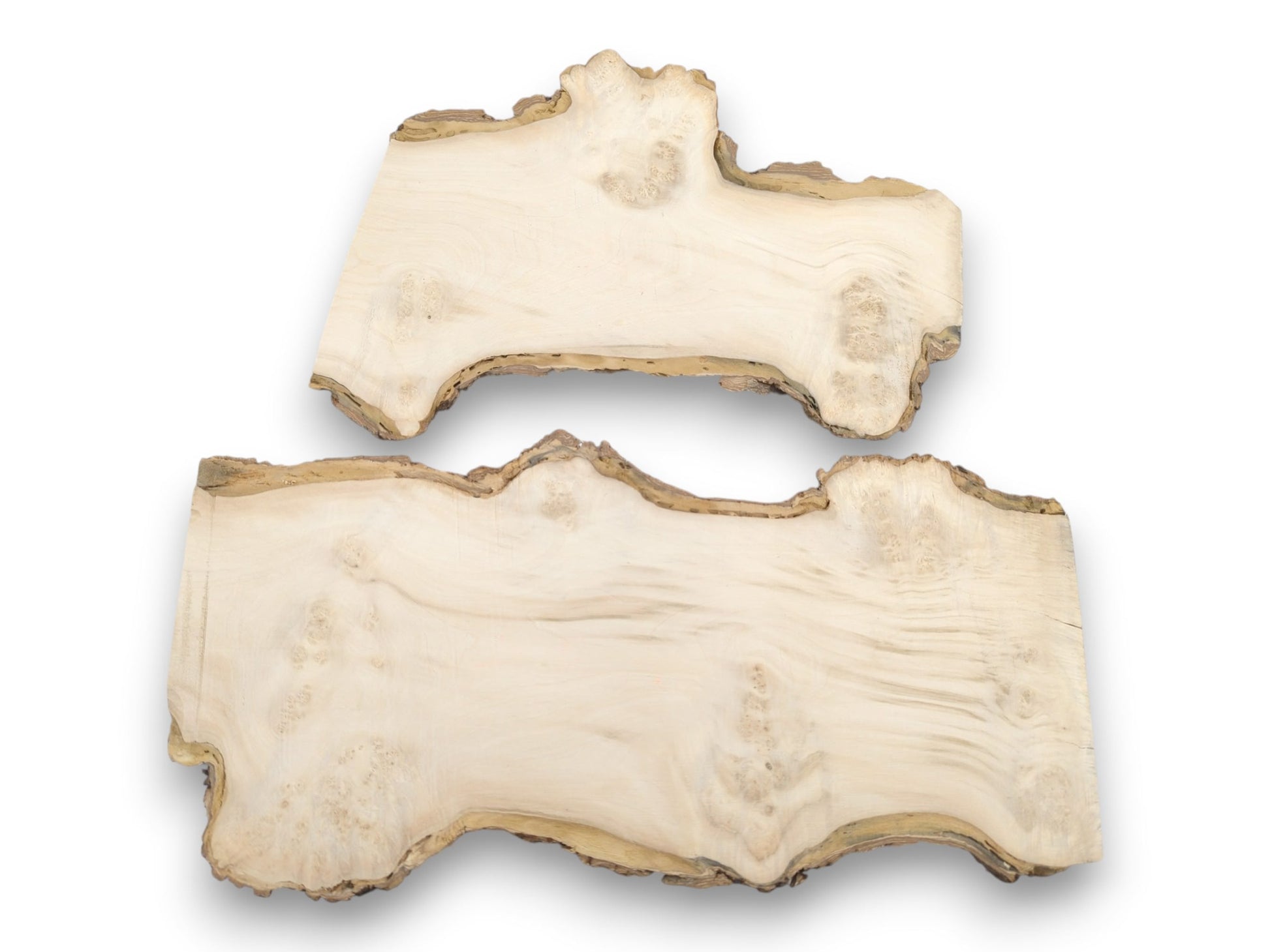 Two light-toned, planed timber sections feature swirling burl grain and irregular, bark-covered perimeters.