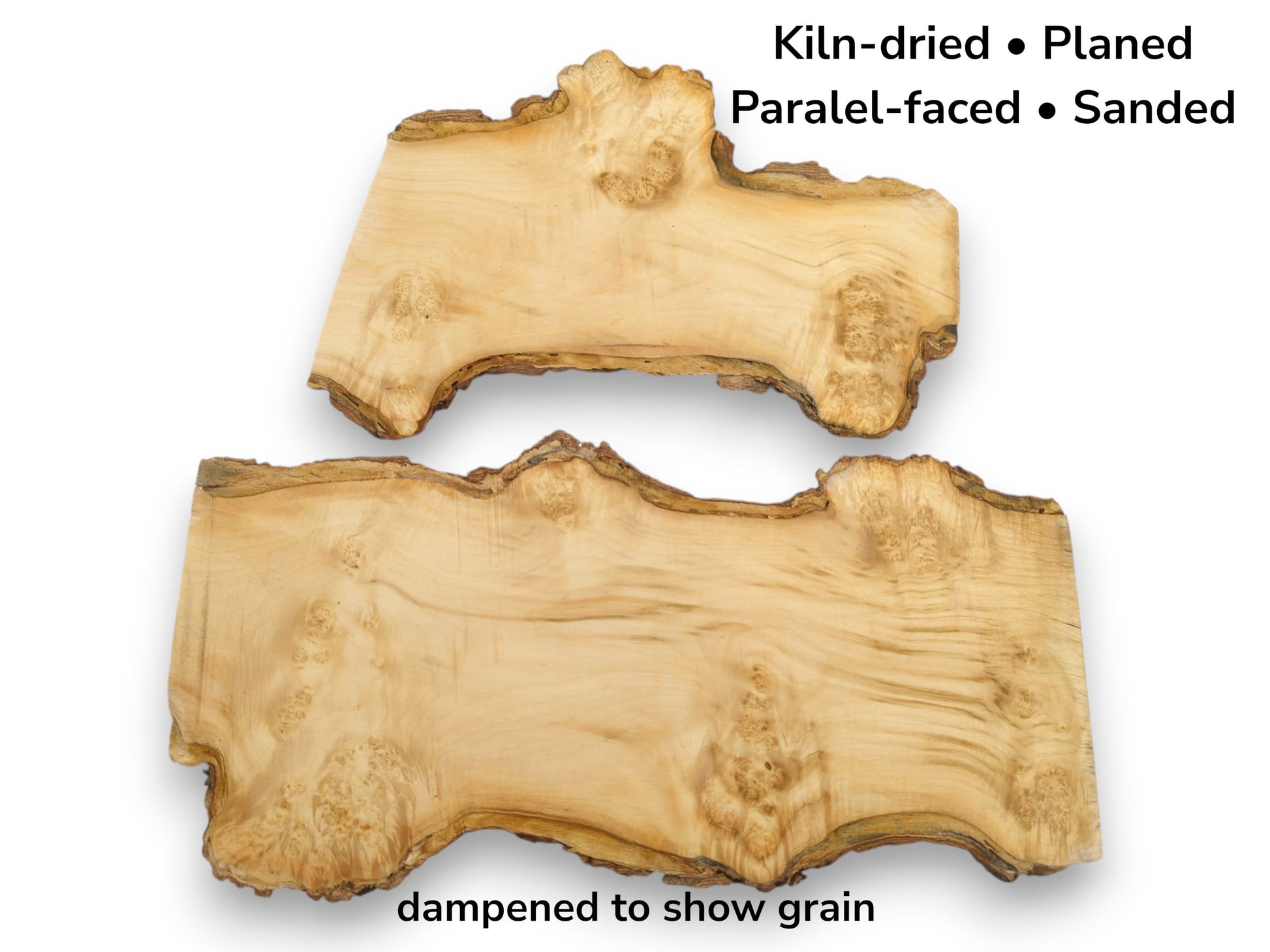 Two irregular maple burl slabs, dampened to show swirling grain and a rough bark edge.
