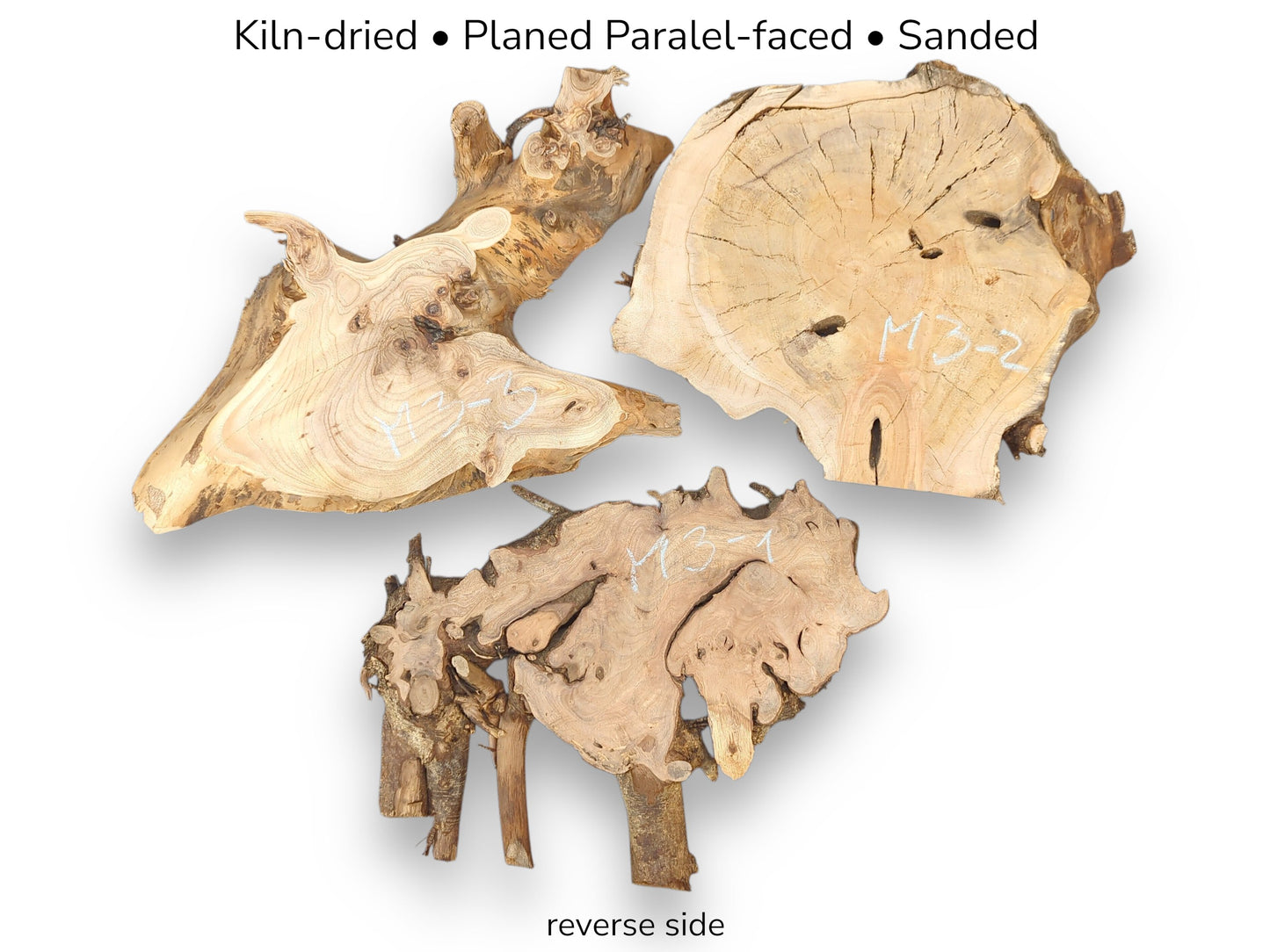 Image shows three irregular, light wood slices with grain. Overlays: "Kiln-dried, Planed, Sanded", plus "reverse side".