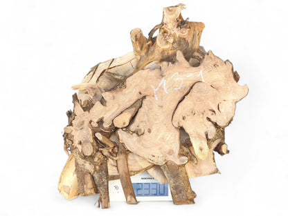 Irregular light brown and dark raw wood pieces, one marked M3-1, are stacked on a scale displaying 2330.