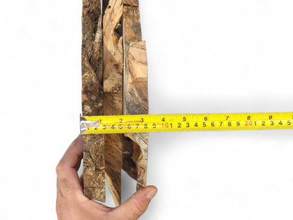 A hand holds three irregular raw wood slices. A yellow measuring tape indicates their total width.