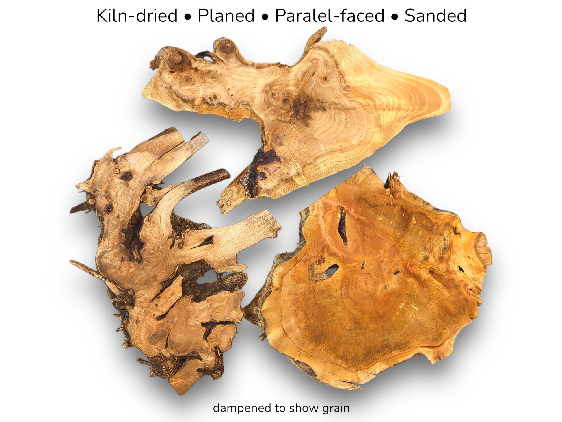 Three irregularly shaped raw wood slices, displaying natural grain and knots, with overlaid text detailing processing.