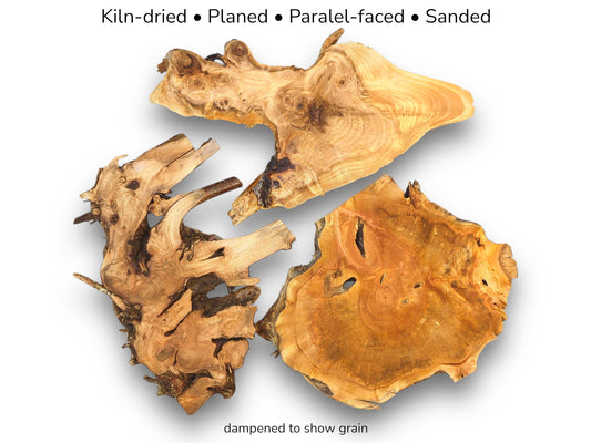 Three irregularly shaped raw wood slices, displaying natural grain and knots, with overlaid text detailing processing.