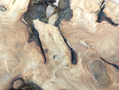 Detailed view of a light brown wood slice, showing smooth grain, dark knots, cracks, and live edges.