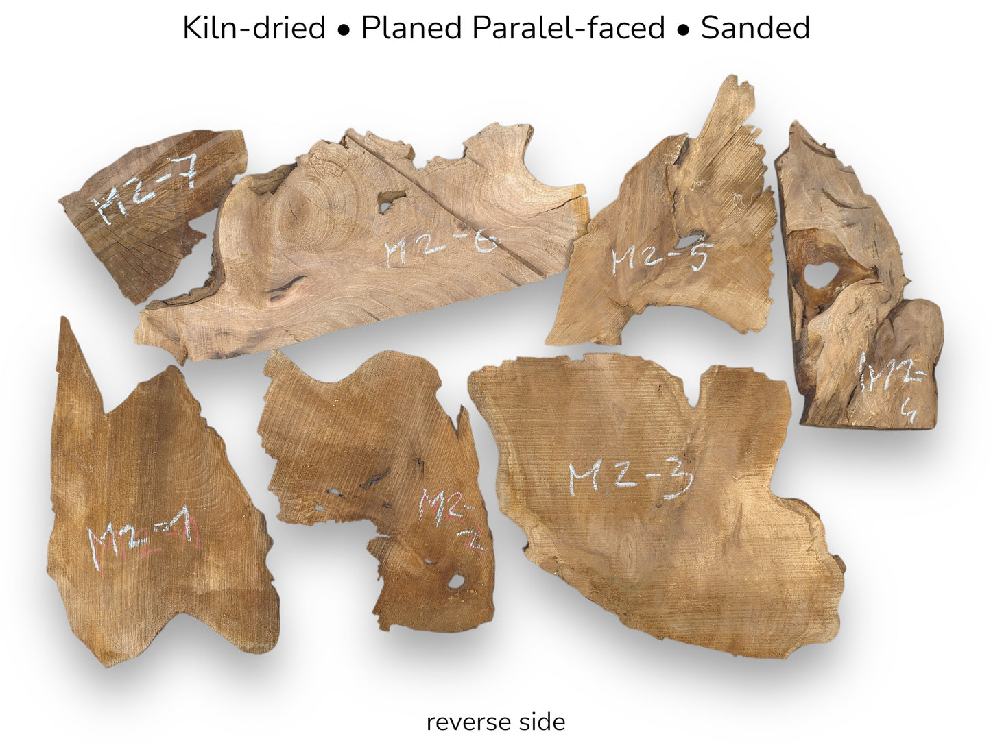 Image showing seven labeled, irregularly shaped, light brown walnut wood slices, reverse side up, with text overlay.