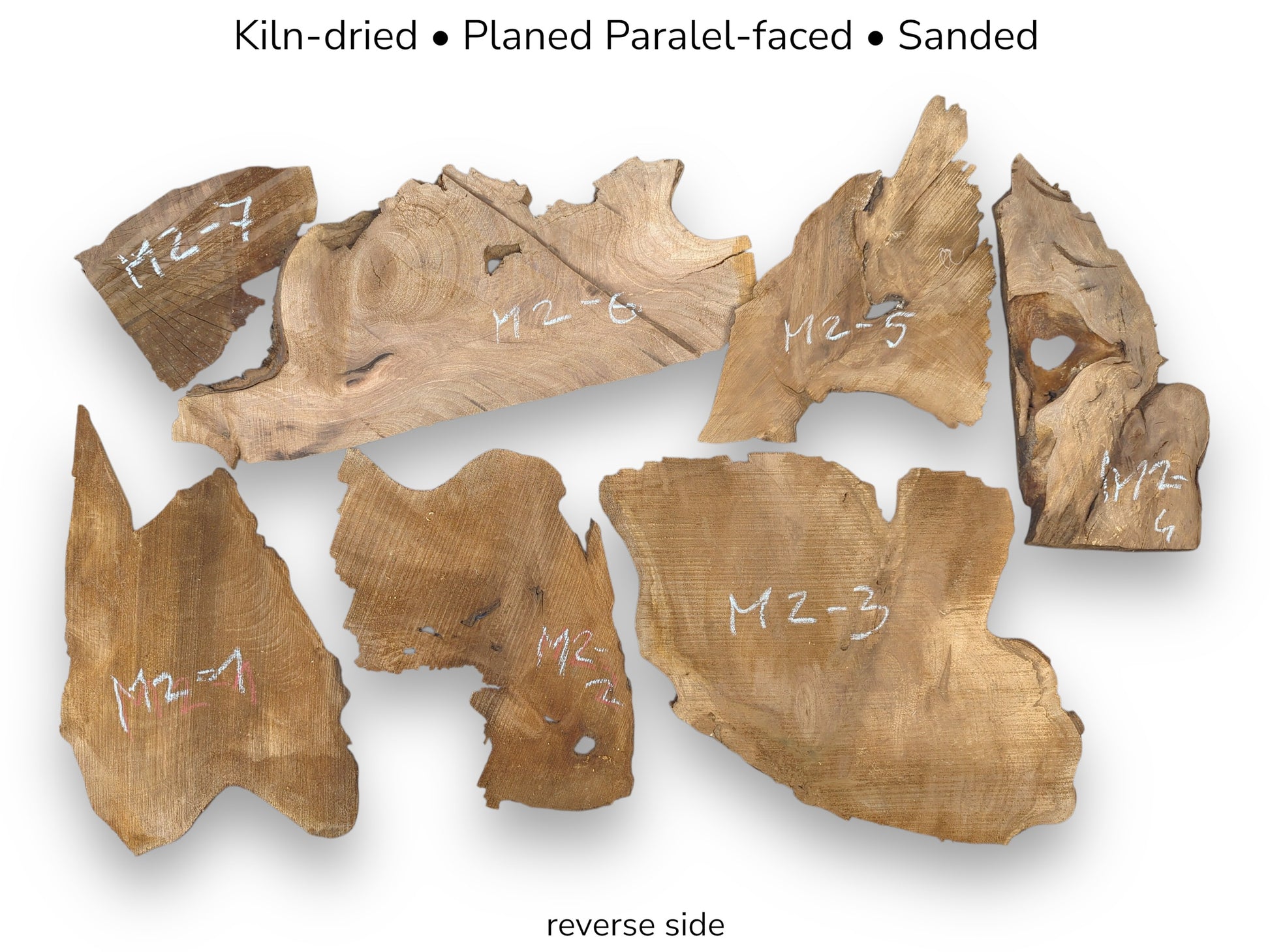 Image showing seven labeled, irregularly shaped, light brown walnut wood slices, reverse side up, with text overlay.
