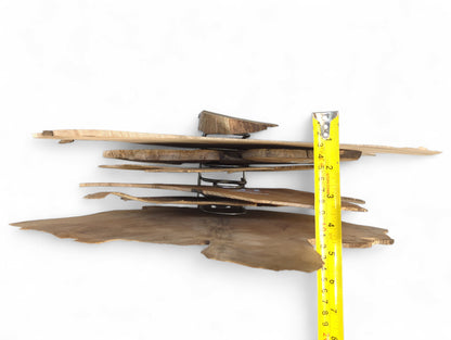 Thin, irregular brown walnut wood slices with live edges are stacked beside a yellow measuring tape.