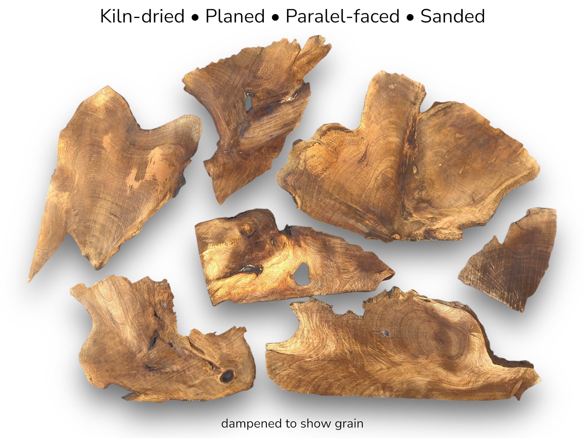 Seven irregular brown walnut wood slices. Text describes them as kiln-dried, planed, parallel-faced, sanded.