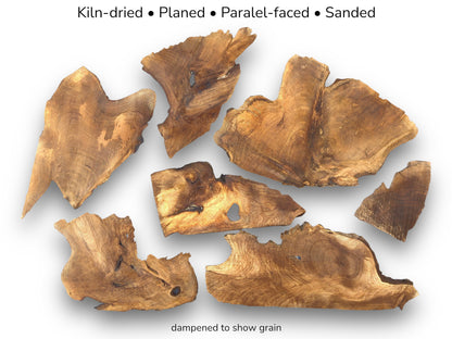 Seven irregular brown walnut wood slices. Text describes them as kiln-dried, planed, parallel-faced, sanded.