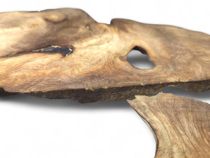 Multi-toned walnut wood slices with irregular live edges, prominent grain patterns, and distinct natural voids.