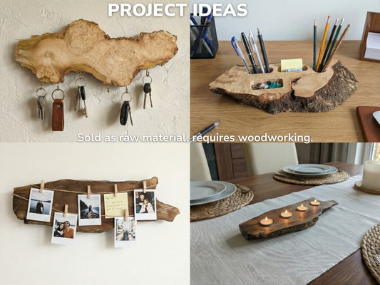 A collage showing finished wood slab projects: a key holder, desk caddy, photo display, and candle holder.