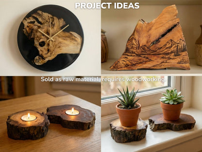 Collage of four images showing finished DIY projects: a wood-resin clock, pyrography art, and decorative holders.
