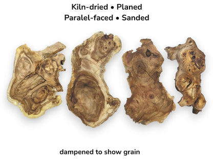 Four kiln-dried, planed, parallel-faced, and sanded wood slices with visible grain.